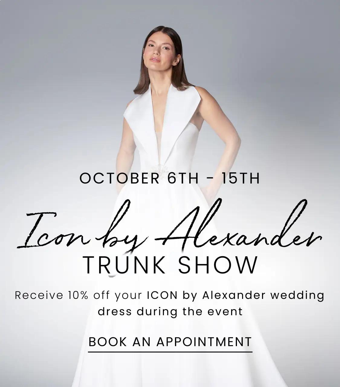 ICON by Alexander Trunk Show at Dublin Bridal. Models wearing wedding gowns. Desktop image.